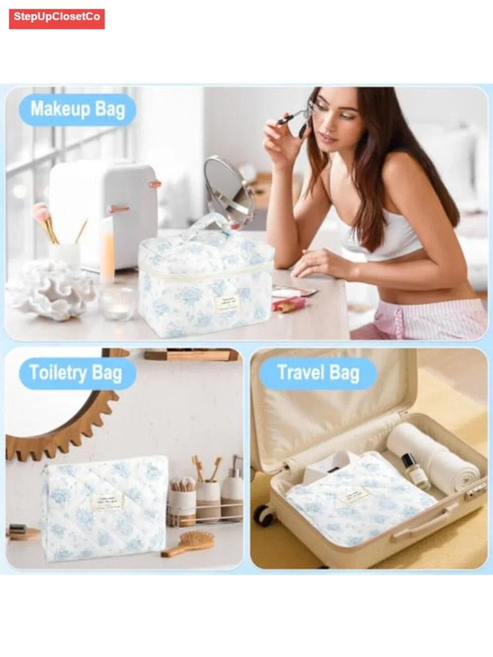 Quilted Cotton Makeup Bag Set of 3 Cosmetic Organizer Travel Toiletry Pouch